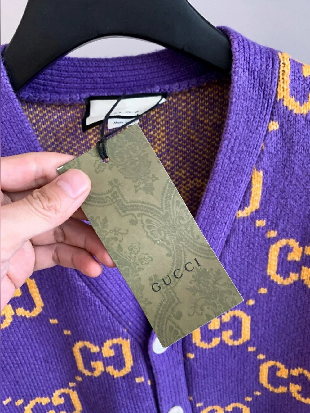 GUCCI Purple Logo Jacquard V-Neck Cardigan